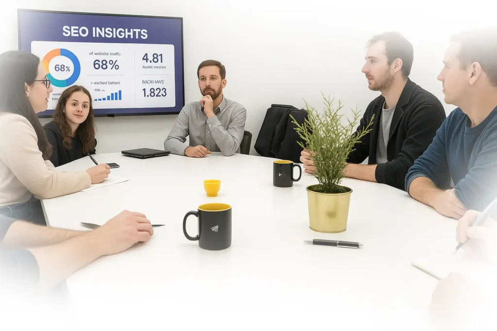 Digiotor team discussing SEO strategies in a meeting