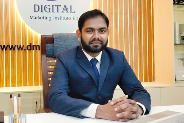 Photo of Delowar Sarkar, Founder & CEO of Digital Marketing Institute BD, sitting at a desk in a professional office setting. Title: Delowar Sarkar - Founder & CEO