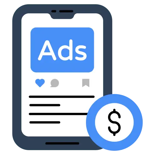 Social media advertising icon with platform logos and ad symbols