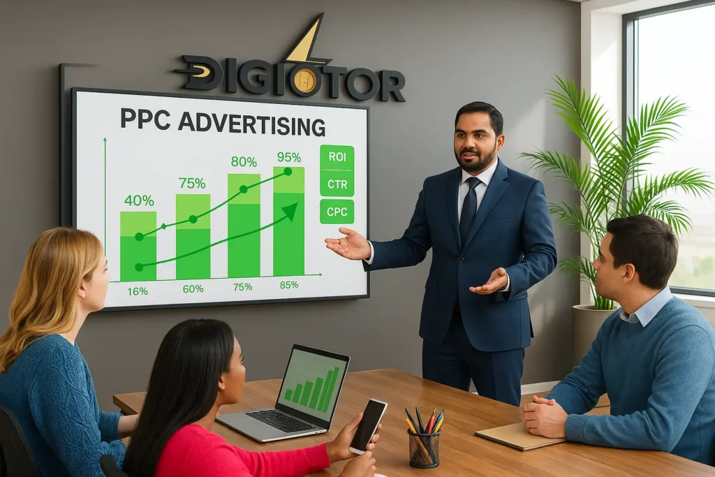 Digiotor marketing team discussing PPC advertising strategy in office