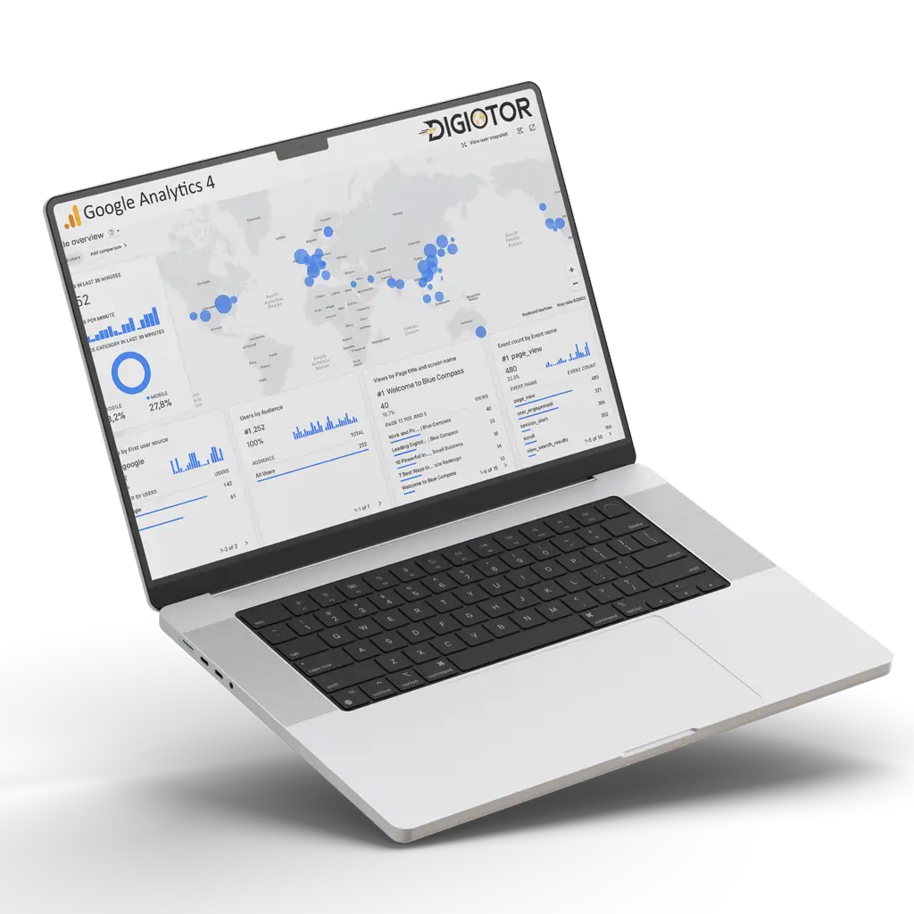 Image of a laptop displaying a map and analytics data.