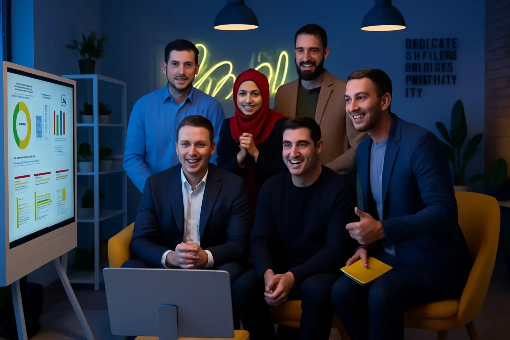 A cheerful team in a Digitor office with a presentation screen, charts, and a vibrant atmosphere