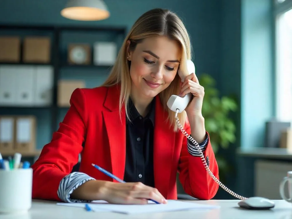 A client relationship manager at Digiotor, wearing a red blazer, sits at his desk in Digitor's office, talking on the phone and taking notes.