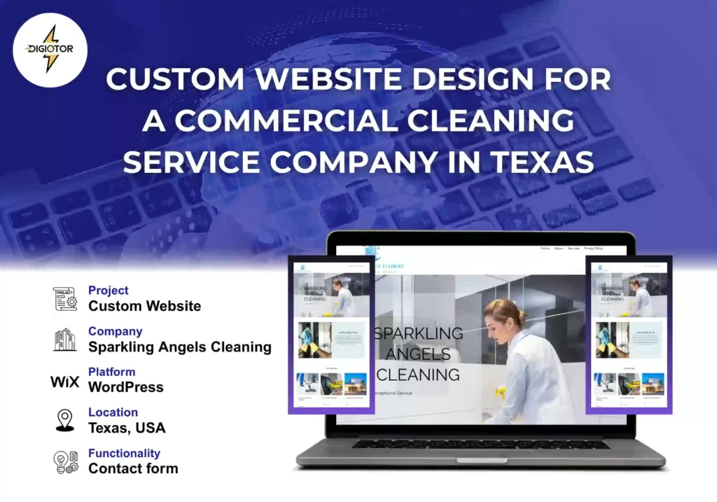 Image of a laptop displaying the Sparkling Angels Cleaning website, with a cleaning professional and contact form, on a purple background.