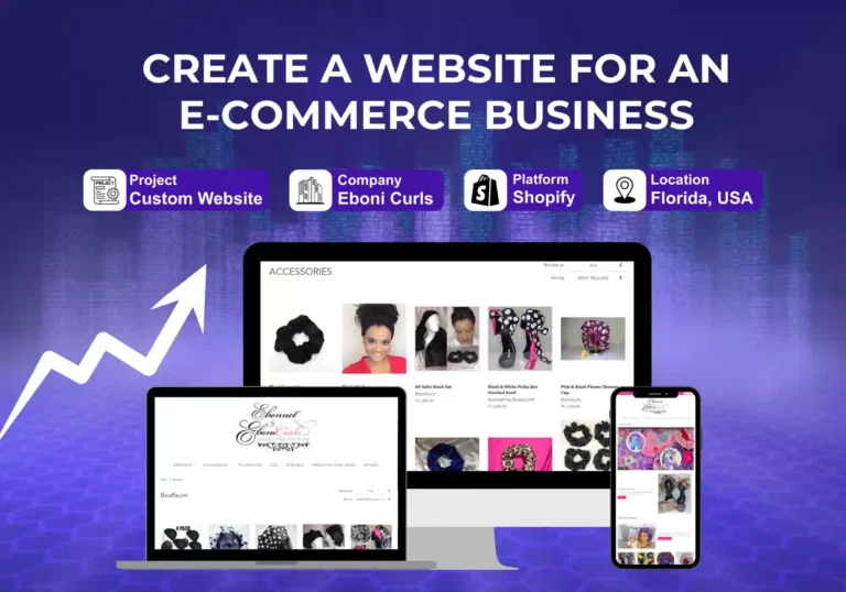 Image of a laptop and mobile device displaying an e-commerce website for Ebony Curls, with a purple background and upward arrow graphic.