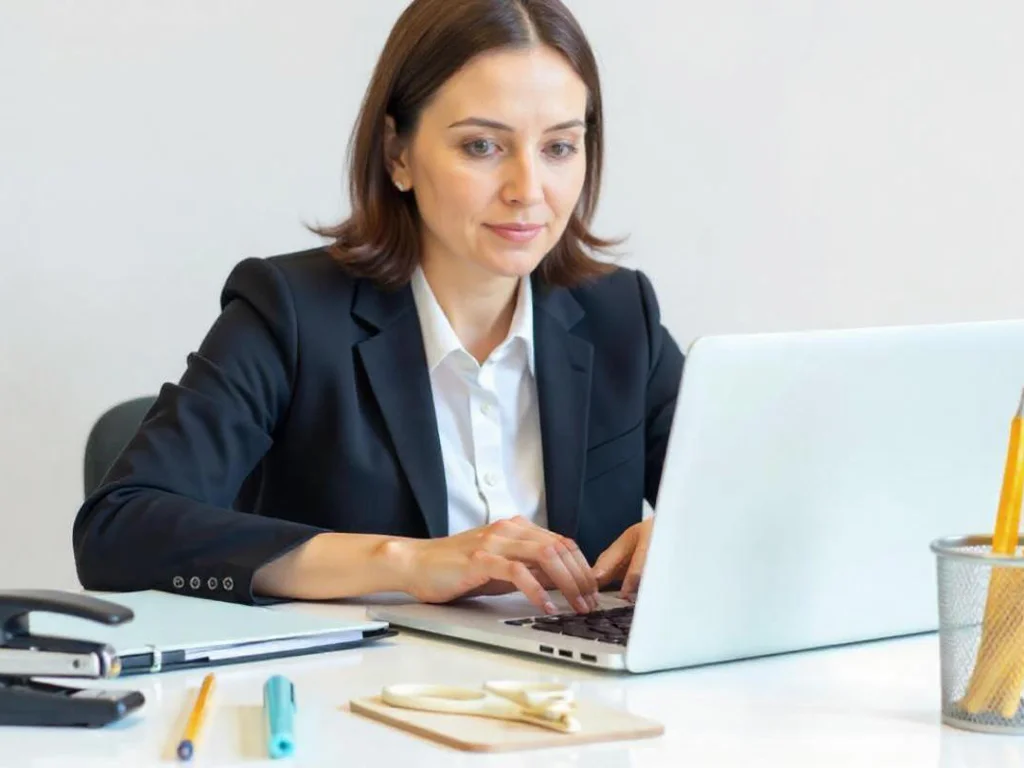 A professional in a black blazer working on a laptop at a desk with various office supplies.