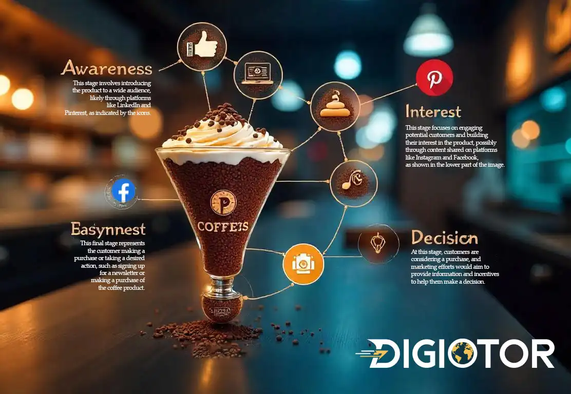 A coffee cup with whipped cream and chocolate chips, surrounded by icons representing awareness, interest, and decision stages, with social media symbols.