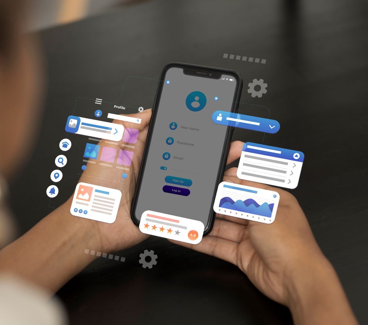 Phone displaying Facebook ad previews and engagement metrics
