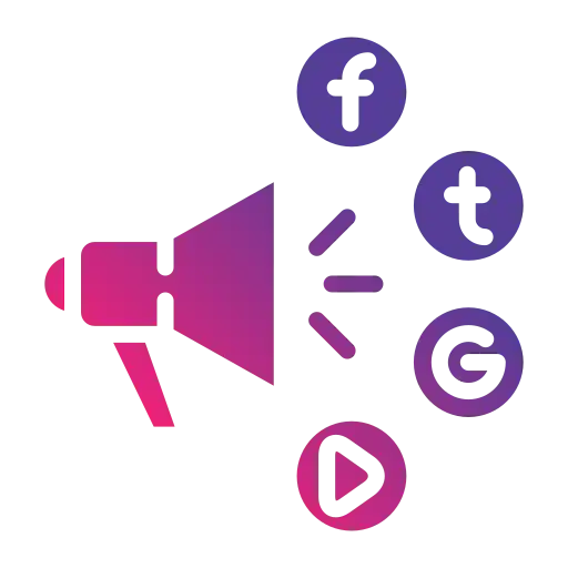 A megaphone icon with sound waves, surrounded by social media and play button icons.