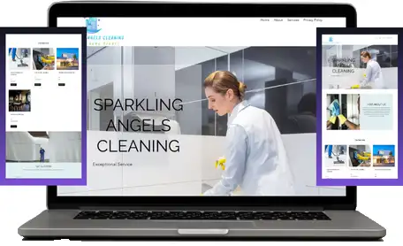 A laptop displaying the "Sparkling Angels Exceptional Cleaning" website, featuring a woman cleaning, with additional panels showing cleaning services.